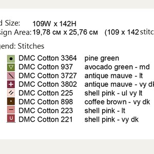 May include: A cross-stitch pattern chart with a legend showing the DMC floss colors and names. The chart shows a grid size of 109W x 142H and a design area of 19.78 cm x 25.76 cm (109 x 142 stitches).