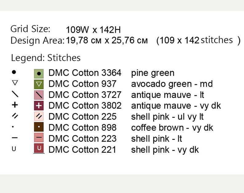 May include: A cross-stitch pattern chart with a legend showing the DMC floss colors and names. The chart shows a grid size of 109W x 142H and a design area of 19.78 cm x 25.76 cm (109 x 142 stitches).