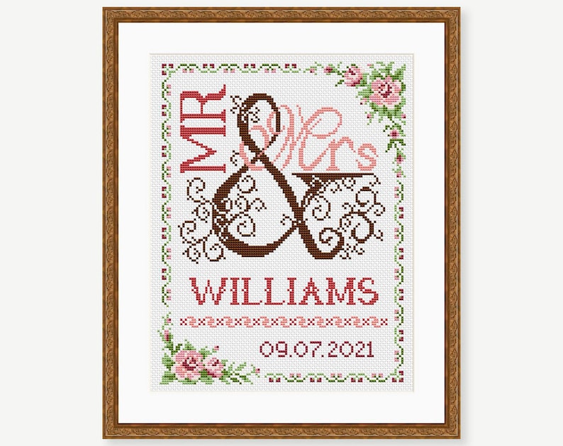 May include: Cross-stitch pattern with a floral border, featuring the words "Mr. & Mrs. Williams" and the date "09.07.2021".