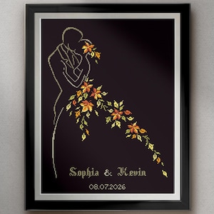 Wedding Cross Stitch Pattern Autumn Leaves, Terracotta Burgundy Orange, Wedding Gift, PDF Format,  INSTANT DOWNLOAD