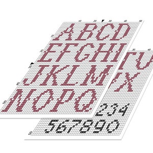 May include: A cross-stitch pattern chart featuring the alphabet in uppercase letters, numbers 0-9, and the numbers 20-34. The letters are in a maroon color and the numbers are in black.