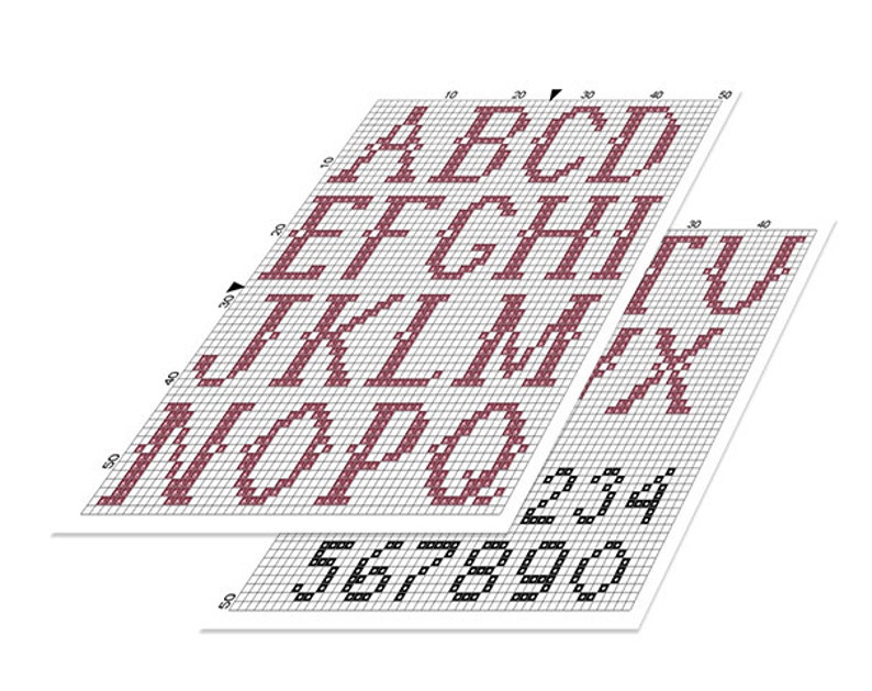 May include: A cross-stitch pattern chart featuring the alphabet in uppercase letters, numbers 0-9, and the numbers 20-34. The letters are in a maroon color and the numbers are in black.