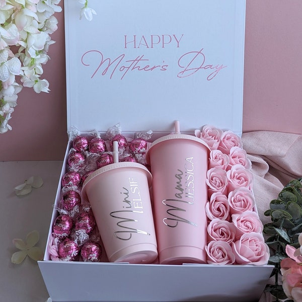 Personalised Mother's Day Gift Box | Mama and Mini Cold Cup Set | Mum Nan Mummy Hamper Present | Flowers & Chocolate | Mamma and Me Set