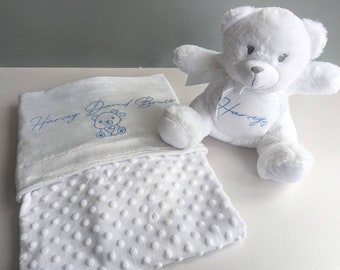 Personalised White Baby Boy Girl Teddy Blanket | Newborn Gift | Nursery Decor | Name Reveal | New Baby | Hospital Bag | Hello World |New Mum
