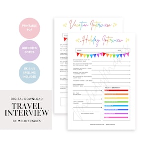 Peut inclure: Un téléchargement numérique d'un PDF imprimable d'interview de voyage avec des options d'orthographe britannique et américaine. Le design présente un modèle "Vacation Interview" et "Holiday Interview" avec des accents colorés.