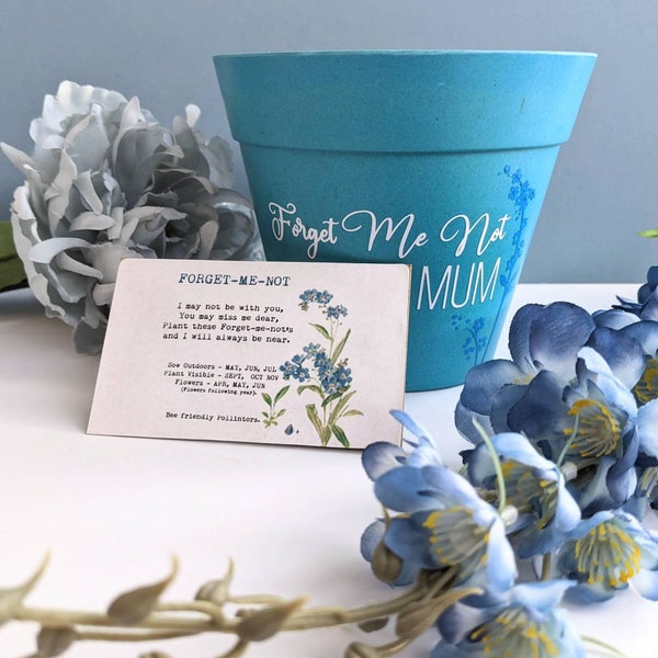 Personalised Forget Me Not Memory Planting Set | Bamboo Fibre Blue Plant Pot | Bee friendly | Garden Lover Memorial Gift | In Memory Flowers