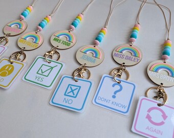 Personalised Rainbow Teacher Lanyard | Autistic ADHD | Teacher / Work Lanyard | Non Verbal Communication Cards | Teaching Assistant Gift