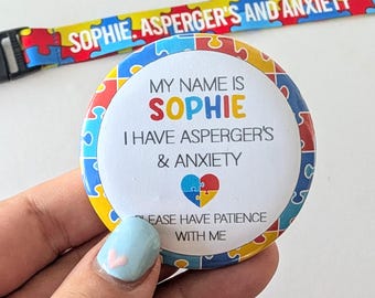 Personalised Autism Badge | SEN Badge | Autism ADHD Button Badge | Deaf, hearing impaired, diabetic, disability badge | Medical Alert Pin