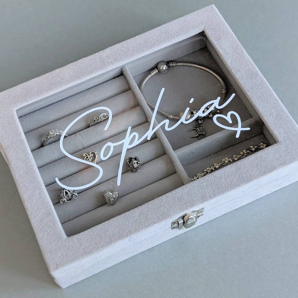 Personalised Jewellery Box | Grey Velvet Jewelry Storage | Stackable Boxes | Modern Storage | Gift for Women | Mother Wife Sister Girlfriend