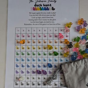 May include: A family duck hunt game set. The set includes a printed game board with numbered squares, a drawstring bag, and a collection of colourful, miniature duck figurines. A Duck Hunt Champion badge is also included.