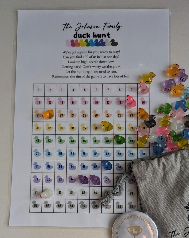 May include: A family duck hunt game set. The set includes a printed game board with numbered squares, a drawstring bag, and a collection of colourful, miniature duck figurines. A Duck Hunt Champion badge is also included.