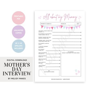 Könnte beinhalten: Ein druckbares Muttertags-Interview-Arbeitsblatt mit einem rosa-blauen Farbschema. Das Arbeitsblatt hat einen Titel, der "Alles über meine Mama" lautet, und enthält Fragen, die Kinder über ihre Mütter beantworten können.