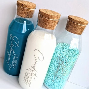 Personalised Laundry Bottles | New Year's Resolution | Laundry Organisation |Glass Storage Cork Bottles for Detergent & Conditioner