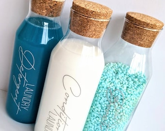 Personalised Laundry Bottles | New Year's Resolution | Laundry Organisation |Glass Storage Cork Bottles for Detergent & Conditioner