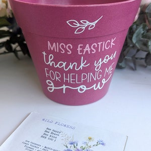 May include: A pink ceramic planter with the text "MISS EASTICK thank you FOR HELPING ME GROW" in white lettering. A small card with the text "WILD FLOWERS Bee Happy Bee Brave Bee Kind BEE YOU! Sow Outdoors - MARCH-APRIL Plant Visible - SEPT, OCT NOV Flowers - APR, MAY, JUN (Flowers following year). Bee friendly Pollintors." is in the foreground.