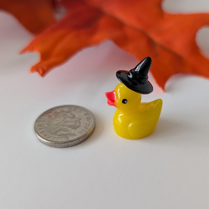 May include: A small, yellow rubber ducky wearing a black witch hat and a red beak. A coin is next to the duck, and orange leaves are in the background. The duck is a Halloween-themed decoration.