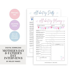 Op de afbeelding: Printbare Moederdag- en Vaderdag-interviewformulieren met een roze en blauwe kleurstelling. De formulieren bevatten secties voor het kind om informatie over zijn moeder en vader in te vullen, inclusief hun favoriete dingen, wat ze graag samen doen en wat hen speciaal maakt. De formulieren bevatten ook ruimte voor het kind om een ​​tekening van zijn ouder te maken.