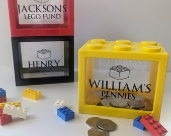 Personalisierte Ziegelstein-Spardose für Kinder | Lego-Liebhaber-Geschenk | Benutzerdefiniertes Sparschwein| Geschenke für Kinder / Kinder | Geschenk zur Wohnungserwärmung | Blockmünzenbank