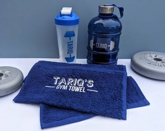 Personalised Blue Protein Shaker Set | New Year&#39;s Resolution | Gym Lover Gift | Gym Towel | Drinks Bottle | Fitness Freak | Healthy Shakes