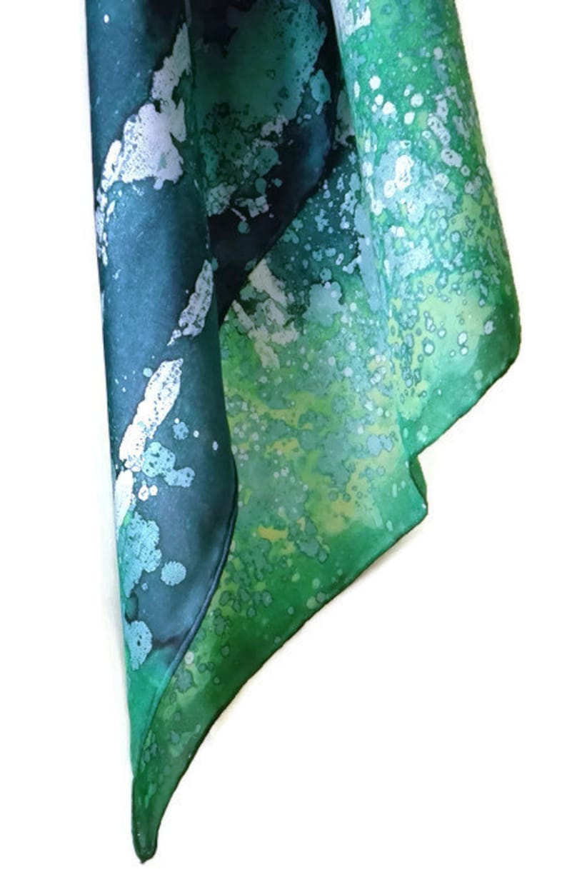 Batik scarf Greenery Minty forest Painted silk Twilight trees painting on silk Silk batik panel Textile Art Green scarf Silk scarf Freehand