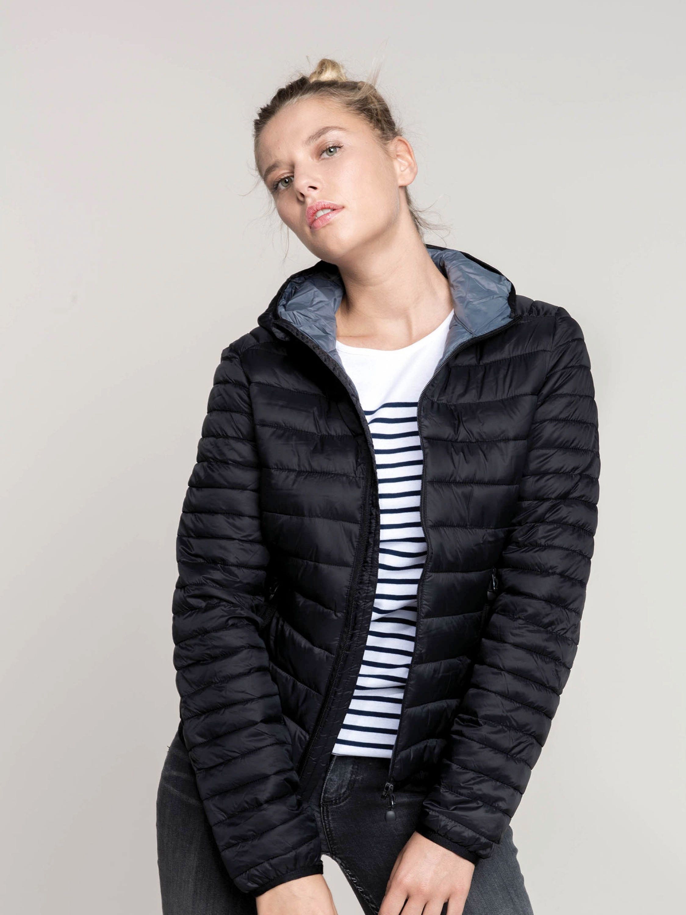 grey hooded down jacket