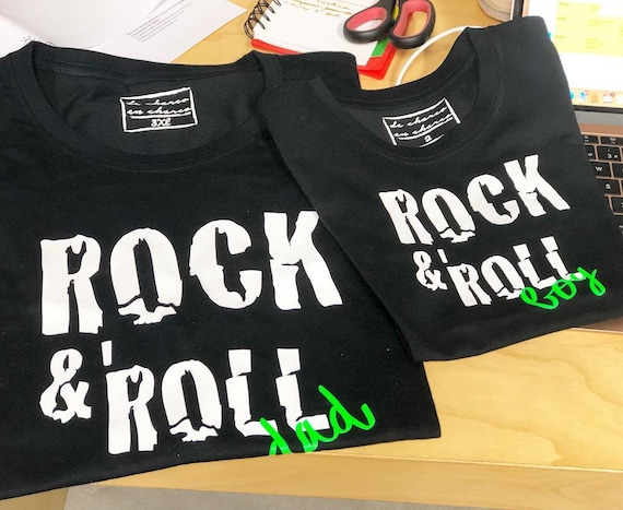 Pack short sleeve black t-shirts ROCK & ROLL (adult + child/baby)