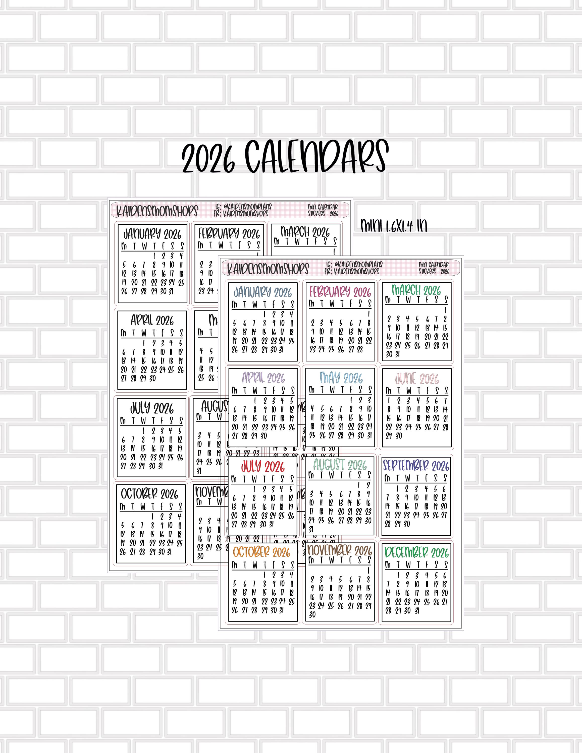 2026 Calendar Stickers - Full Sticker Sheet - Etsy