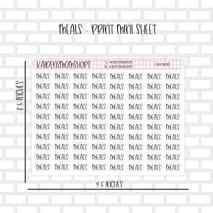 May include: A printable sheet of 63 black and white "MEALS" stickers, measuring 4.5 inches by 3.5 inches. The sheet is designed for meal planning and organization.