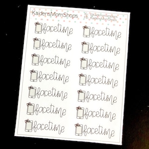 May include: Ten white stickers with a black outline of a phone with a pink bow on top. Each sticker says "facetime" in black cursive writing.