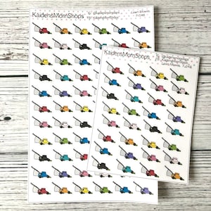 May include: Two sheets of stickers featuring a lawnmower design. The stickers are white with a black outline and come in a variety of colors, including red, orange, yellow, green, blue, purple, and pink. The stickers are arranged in rows and columns on the sheets. The text on the sheets reads "KaidensMomShops" and "Lawn Mower F:048".