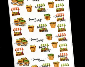 May include: A sheet of 18 watercolor stickers featuring farmers market themed illustrations. The stickers feature various images of produce, baskets, and market stalls. The text "farmers market" is repeated on each sticker.