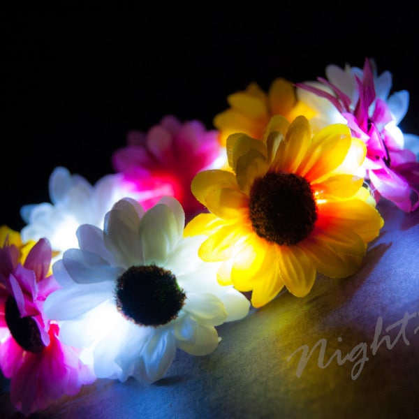 Med Daisy-White, Sunflower Yellow & Pink Daisy Light Up Flower Crown Headband (White LED) EDC| Coachella