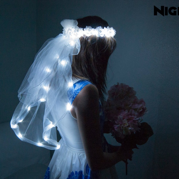 White Rose NightFlo w/ Light Up LED Veil for Wedding & Bachelorette Parties