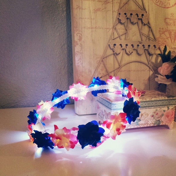 Rose Swirl & Blue Velvet Rose Light Up Flower Crown Headband (White LED) |EDC| Coachella