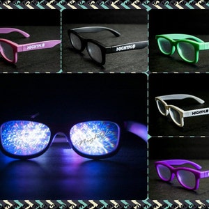 May include: A set of six pairs of colorful glasses with the word "NIGHTFL*" printed on the side. The glasses are made of plastic and have a rectangular shape. The glasses are shown in different colors, including pink, black, green, white, and purple.