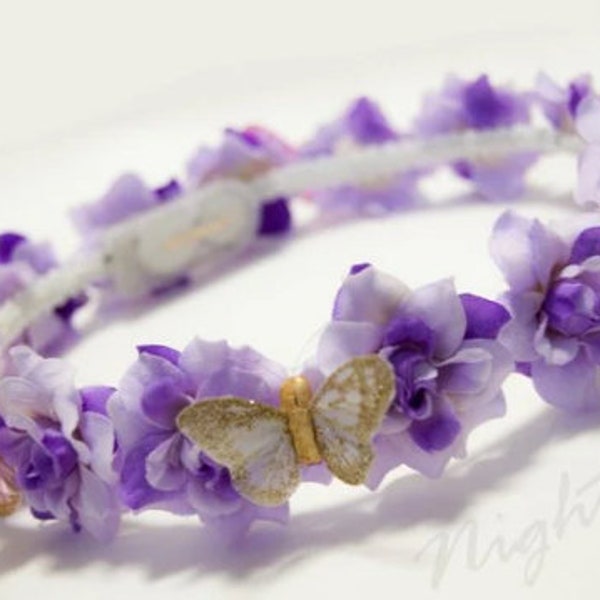 Purple Swirl Rose Light Up Flower Crown Headband w/ Pixie Butterflies (White LED) | Music Festival | EDC