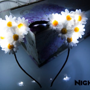 White Winter Daisy Light Up Kitty Ears (White LED)