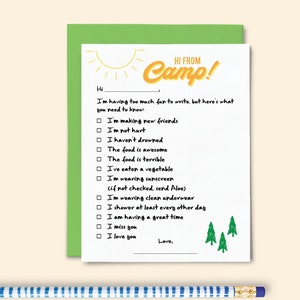 Cartes de correspondance pour le camp, Notes de camp pour enfants, Papeterie pour camp d'été, Camp à l'extérieur, Remplir le champ