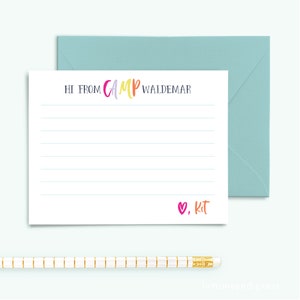 Girls Camp Note Cards, Kids&#39; Camp Notes, Summer Camp Stationery, Away Camp, Flat Card, with lines