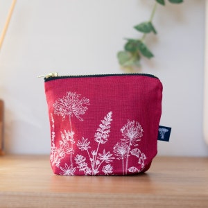 Linen MakeUp Travel Bag Garden Design Raspberry