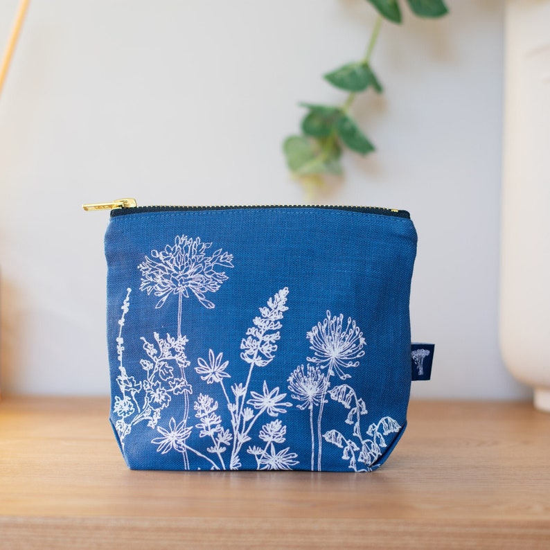 Linen MakeUp Travel Bag Garden Design Indigo