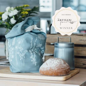 Handprinted Linen Bread Bag: Garden Flower Design, Bread Storage