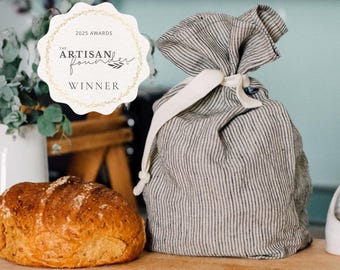 Striped Linen Bread Bag: Dark Blue & Natural, Sustainable Storage