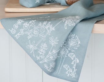 Linen Tea Towel with Flowers, Tea Cloth, and Glass Cloth from Helen Round