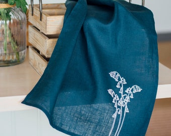 Helen Round Navy Bluebell Linen Tea Towel | Hand Printed in Cornwall Kitchen Towel | Floral Linen Dish Towel, Eco Friendly New Home Gift