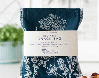 Linen Reusable Snack Bag: Handprinted Floral Design