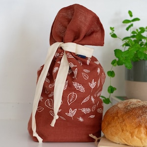 Leaf Bread Bag Hand Printed In Pure Rust Linen image 1