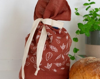 Leaf Bread Bag Hand Printed In Pure Rust Linen