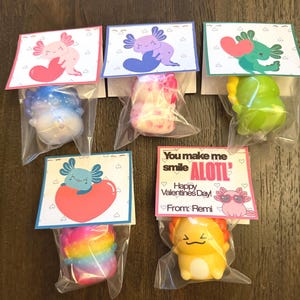 May include: Six Valentine's Day gifts featuring axolotl-themed designs. Each gift includes a colorful axolotl plush toy in a clear bag, paired with a card. The cards have axolotl illustrations and text that reads "You make me smile ALOTL Happy Valentines Day! From: Remi."