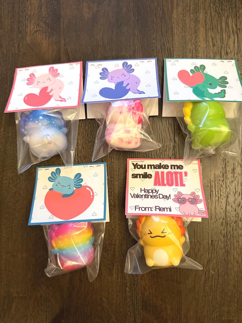 May include: Six Valentine's Day gifts featuring axolotl-themed designs. Each gift includes a colorful axolotl plush toy in a clear bag, paired with a card. The cards have axolotl illustrations and text that reads "You make me smile ALOTL Happy Valentines Day! From: Remi."